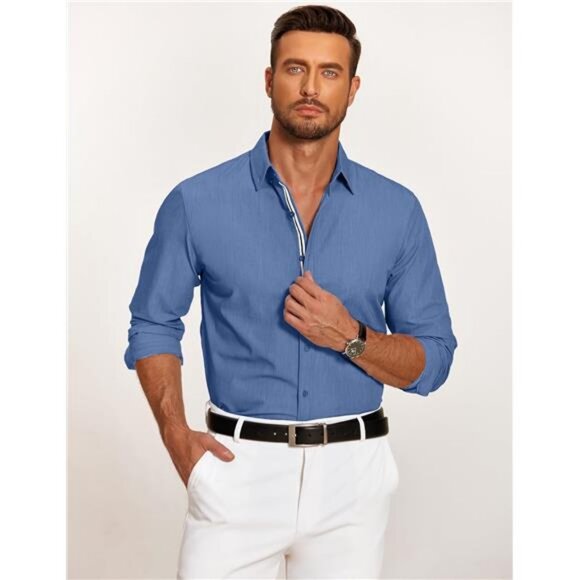 Mens Casual Button Down Shirt Untucked Long Sleeve Stretch Denim Dress - Picture 3 of 6
